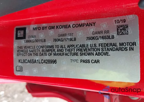 2020 Chevrolet Spark Fwd Ls Manual z USA, uszkodzony, nr VIN KL8CA6SA1LC428996